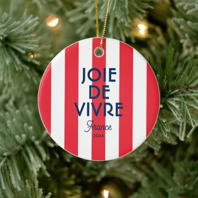 Joie De Vivre France Red Cabana Stripe French Ceramic Ornament (Tree)