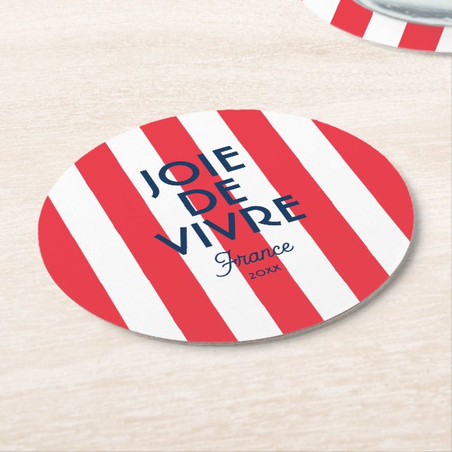 Joie De Vivre France Red Cabana Stripe French Round Paper Coaster (Angled)