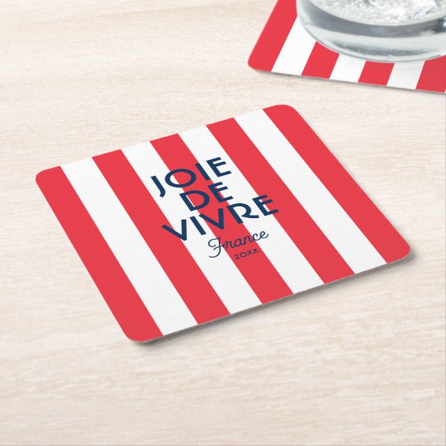Joie De Vivre France Red Cabana Stripe French Square Paper Coaster (Angled)