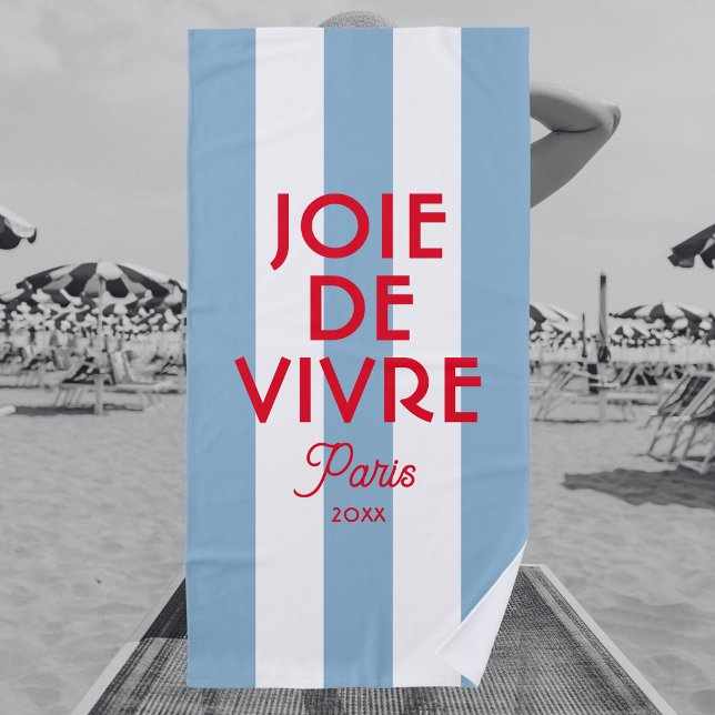 Joie De Vivre Paris French Blue Cabana Stripe Beach Towel (Creator Uploaded)