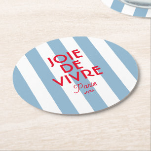 Joie De Vivre Paris French Blue Cabana Stripe Round Paper Coaster
