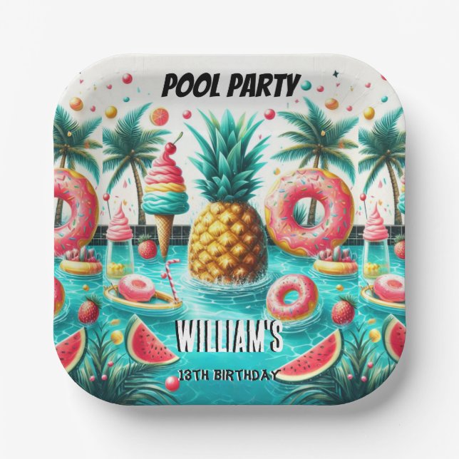 Join boy water blue Cool Pool Party 13th Birthday Paper Plate (Front)