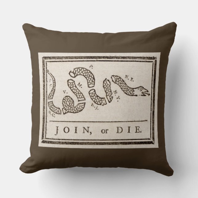 Join or Die Rattlesnake: Cartoon Benjamin Franklin Cushion (Front)