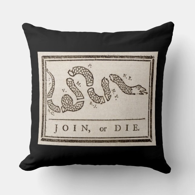 Join or Die Rattlesnake: Cartoon Benjamin Franklin Cushion (Front)