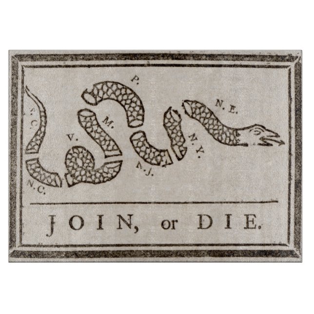 Join or Die Rattlesnake: Cartoon Benjamin Franklin Cutting Board (Front)