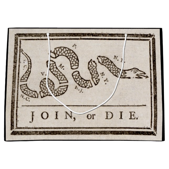 Join or Die Rattlesnake: Cartoon Benjamin Franklin Large Gift Bag (Front)