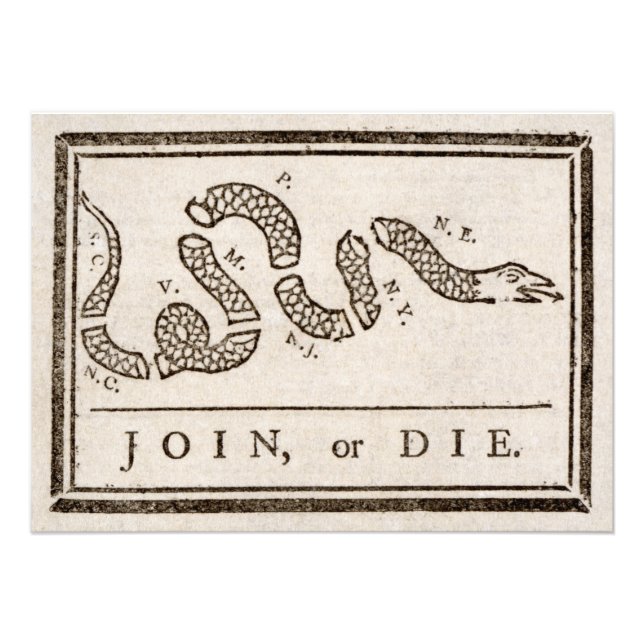Join or Die Rattlesnake: Cartoon Benjamin Franklin Photo Print (Front)