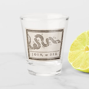 Join or Die Rattlesnake: Cartoon Benjamin Franklin Shot Glass