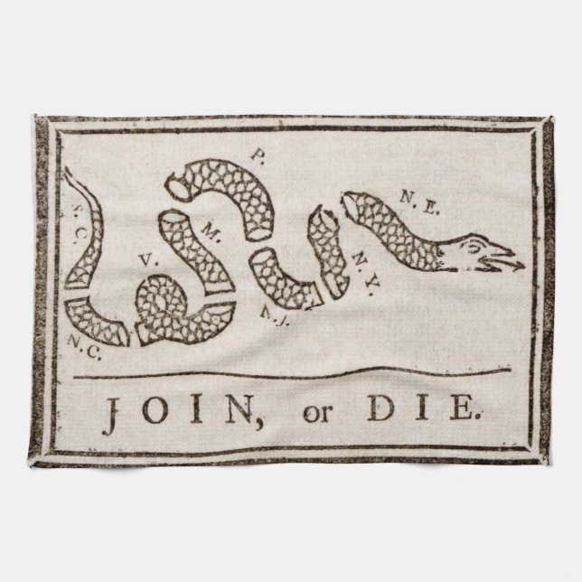 Join or Die Rattlesnake: Cartoon Benjamin Franklin Tea Towel (Horizontal)