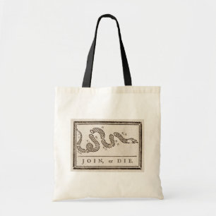 Join or Die Rattlesnake: Cartoon Benjamin Franklin Tote Bag