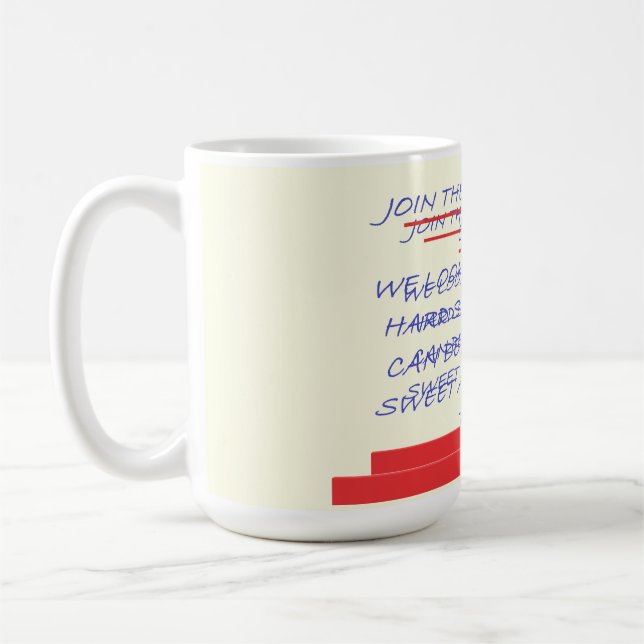JOIN THE CLUB FUN MESSAGE BLUE AND RED COFFEE MUG (Left)