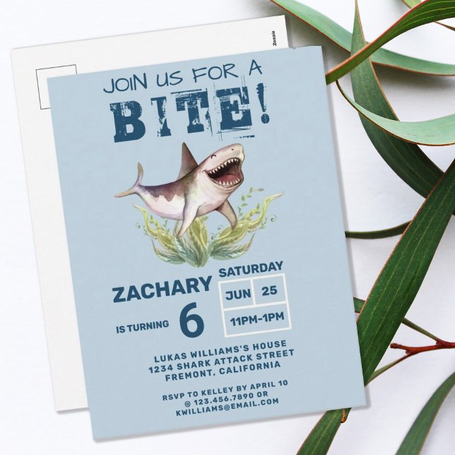 Join Us For a Bite Funny Shark Boys Birthday Party Postcard (FUNNY BLUE SHARK JOIN US FOR A BITE BIRTHDAY PARTY INVITATION POSTCARD)