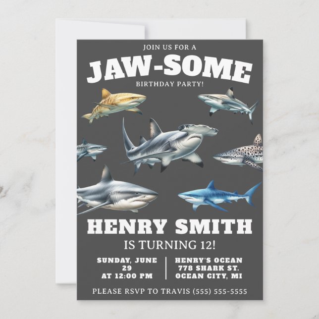 Join us for a Jaw-Some Party! Shark Birthday Invitation (Front)
