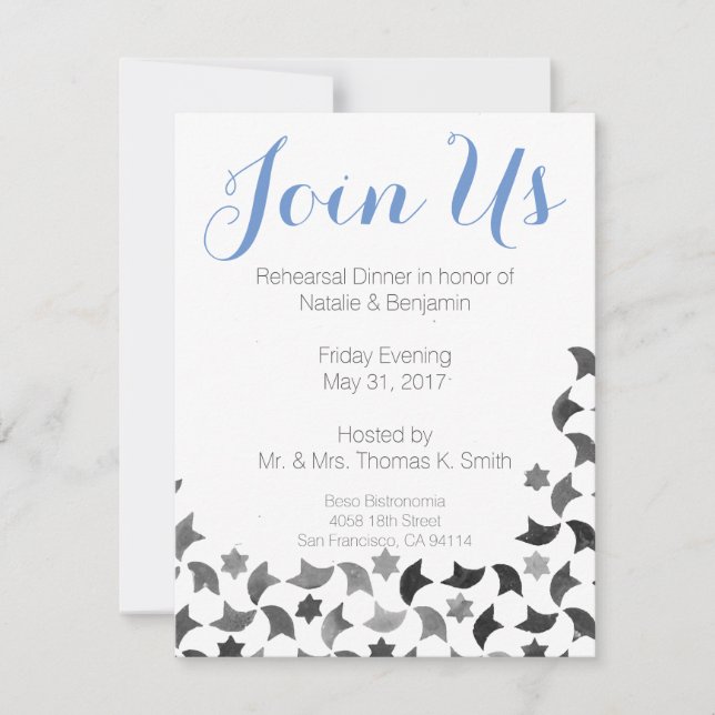 Join Us Rehearsal Dinner Invite | Blue White Grey (Front)