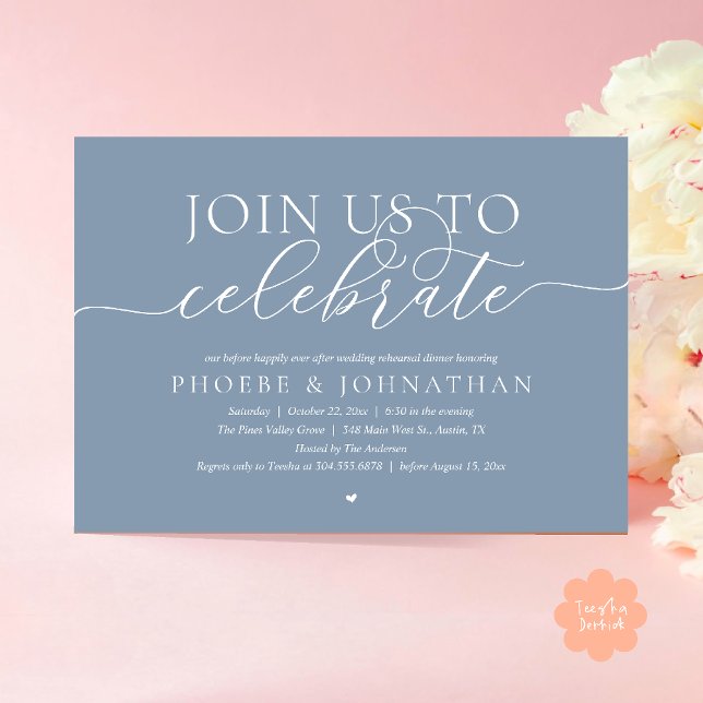 Join Us To Celebrate, Wedding Rehearsal Dinner Invitation (Join Us To Celebrate, Modern Classy Wedding Rehearsal Dinner Invitation card in dusty blue)