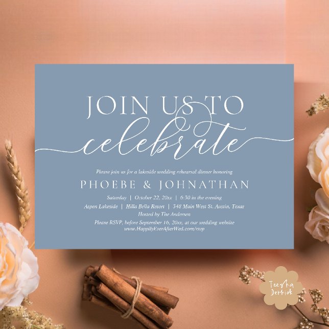 Join Us To Celebrate, Wedding Rehearsal Dinner Invitation (Join Us To Celebrate, Modern Classy Wedding Rehearsal Dinner Invitation card in dusty blue)