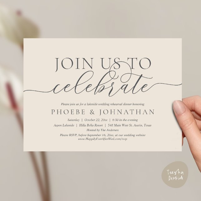 Join Us To Celebrate, Wedding Rehearsal Dinner Invitation (Join Us To Celebrate, Modern Classy Wedding Rehearsal Dinner Invitation card in cream grey)