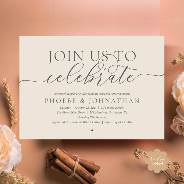 Join Us To Celebrate, Wedding Rehearsal Dinner Invitation (Join Us To Celebrate, Modern Classy Wedding Rehearsal Dinner Invitation card in cream grey)