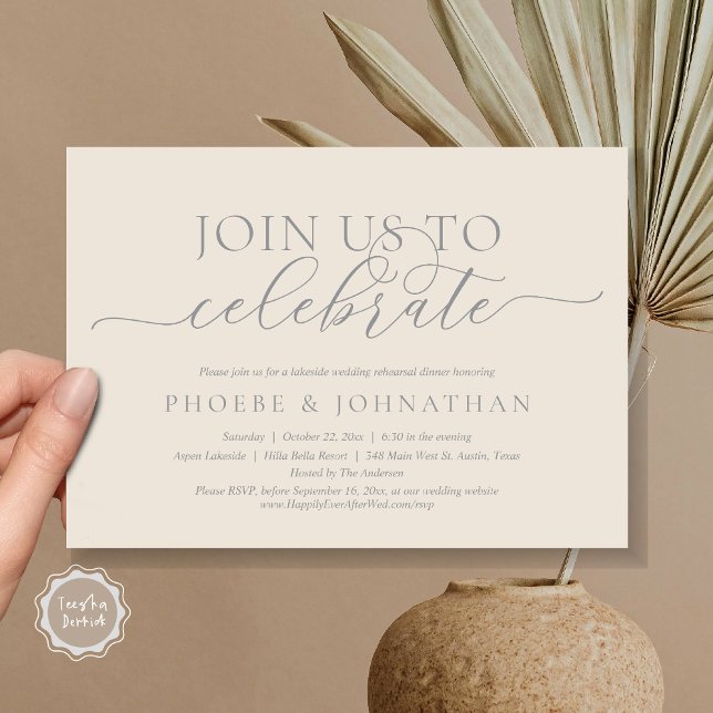 Join Us To Celebrate, Wedding Rehearsal Dinner Invitation (Join Us To Celebrate, Romantic Wedding Rehearsal Dinner Invitation Card, PDF, in Grey and Cream)