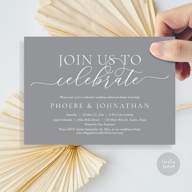 Join Us To Celebrate, Wedding Rehearsal Dinner Invitation (Join Us To Celebrate, Romantic Wedding Rehearsal Dinner Invitation Card, PDF, in Warm Dark Grey)