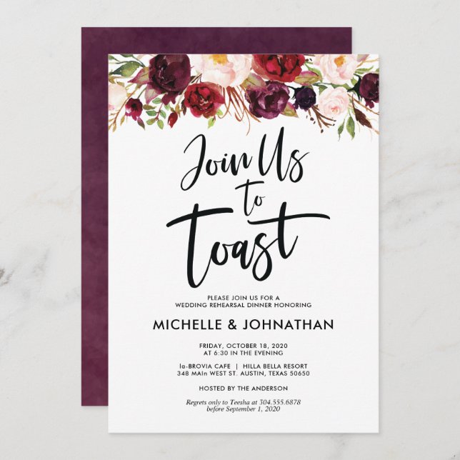 Join us to toast, Wedding Rehearsal Dinner Invites (Front/Back)