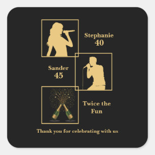 Joint Birthday Double the Fun Black Gold Square Sticker