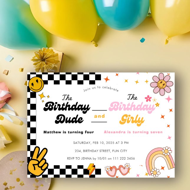 Joint Birthday Sibling Groovy Double Celebration  Invitation (Joint Birthday Sibling Groovy Double Celebration Invitation)