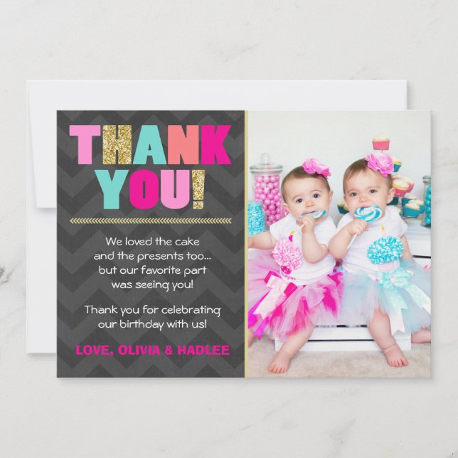 Joint birthday Thank you card Twins Pink Gold Mint (Front)