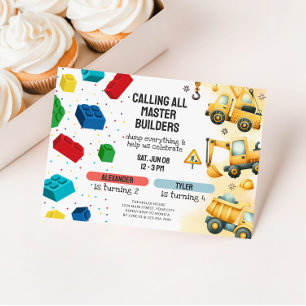 Joint Construction & Building Blocks Birthday Invitation