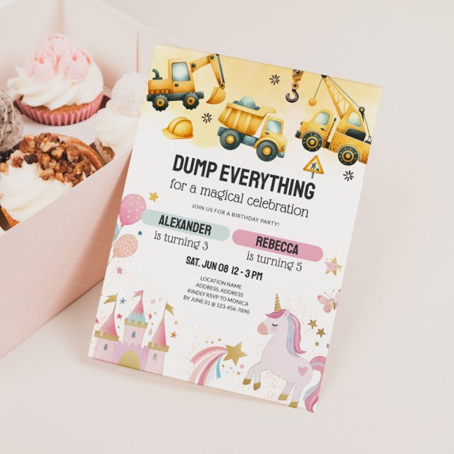 Joint Construction & Unicorn Sibling Birthday Invitation (Joint Kids Birthday Party Invitation - Dump Trucks & Unicorns)