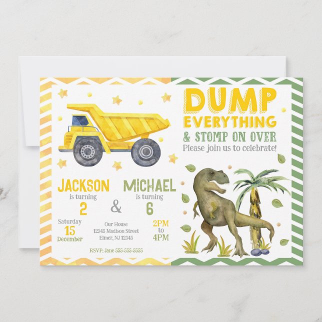 Joint Dinosaur and Construction Siblings Birthday Invitation (Front)