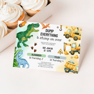 Joint Dinosaur & Construction Sibling Birthday Invitation