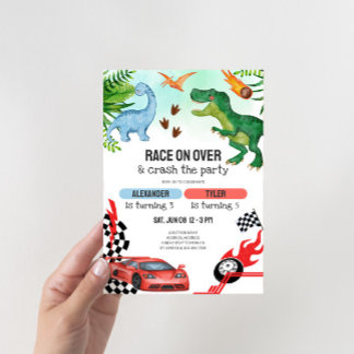 Joint Dinosaur & Race Cars Sibling Birthday Invitation