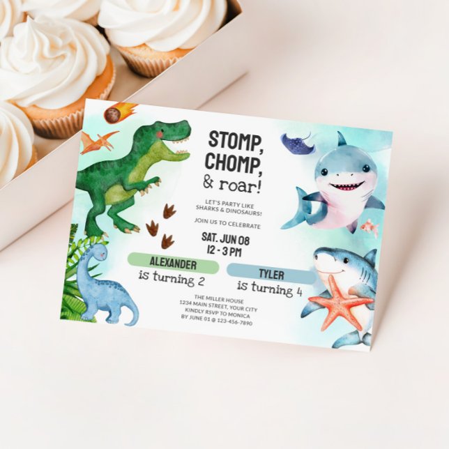 Joint Dinosaur & Sharks Sibling Birthday Invitation (Dual Birthday Party Invitation - Sharks and Dinosaurs)