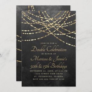 Joint Double String Lights Black Gold Birthday Invitation