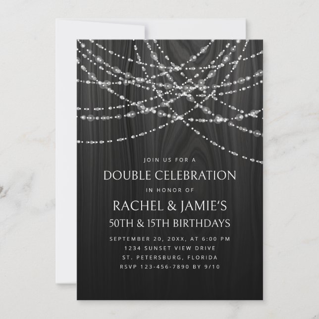Joint Double String Lights Black White Birthday Invitation (Front)