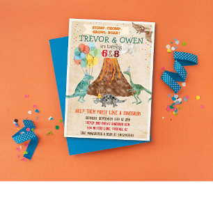Joint Dual Dinosaur Volcano Birthday Invitation