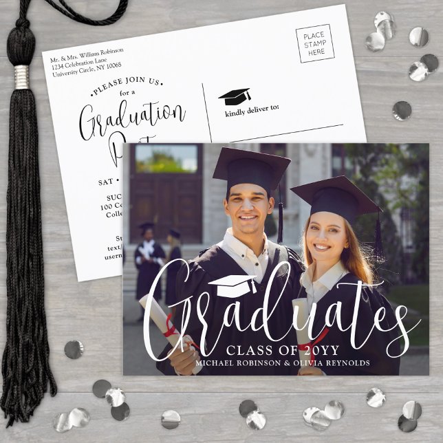 Joint Graduation Modern Script Graduates Photo Invitation Postcard (Creator Uploaded)