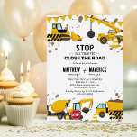 Joint Kids Construction Theme Birthday Party Invitation<br><div class="desc">Construction themed joint birthday invitations featuring a simple white background,  cute illustrations of bunting,  stop signs,  a dump truck,  a digger,  a cement truck,  a wrecking ball crane,  splatters of dirt,  and a modern double birthday celebration template that is easy to personalise.</div>