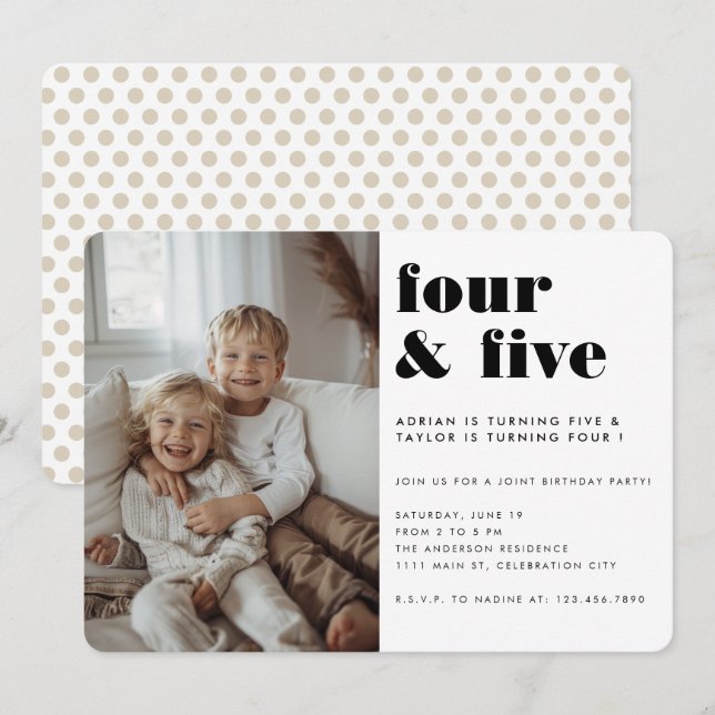 Joint Kids Siblings Birthday Party Modern Photo Invitation (Front/Back)