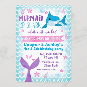Joint Mermaid and Shark Birthday Invitation