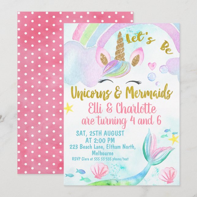 Joint Mermaid and Unicorn Birthday Invitation (Front/Back)