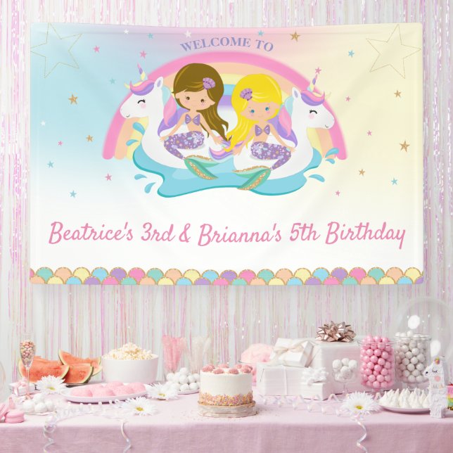 Joint Mermaids and Unicorn Pool Birthday Welcome  Banner (Party)