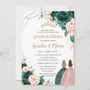 Joint Quinceañera Emerald Green Blush Floral Invitation