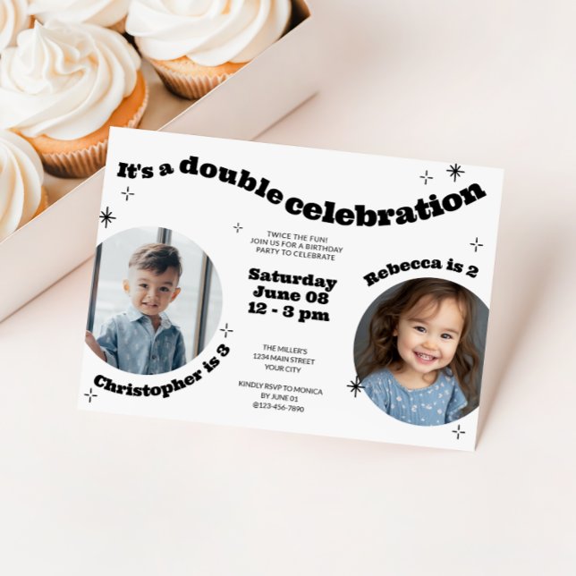 Joint Retro Kids Birthday Party with Photo Invitation (Dual Kids Photo Birthday Invitation)