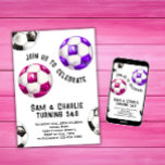 Joint Sibling Dual Sisters Twin Soccer Birthday Invitation<br><div class="desc">This magenta pink soccer birthday party invitation is part of a matching set of birthday party accessories. Your birthday kid is going to enjoy every moment of this special day. This design features the various shades of red, black and white, along with easy-to-read fonts, and plenty of space to add...</div>