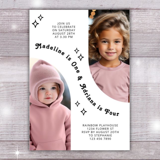 Joint Sibling Portrait Photo Minimal Arch Birthday Invitation (Creator Uploaded)