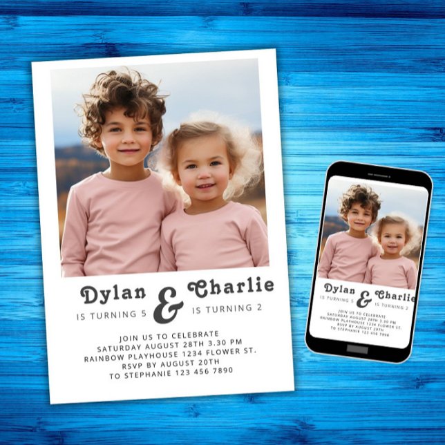 Joint Sibling Portrait Photo Minimal Boho Birthday Invitation (Creator Uploaded)