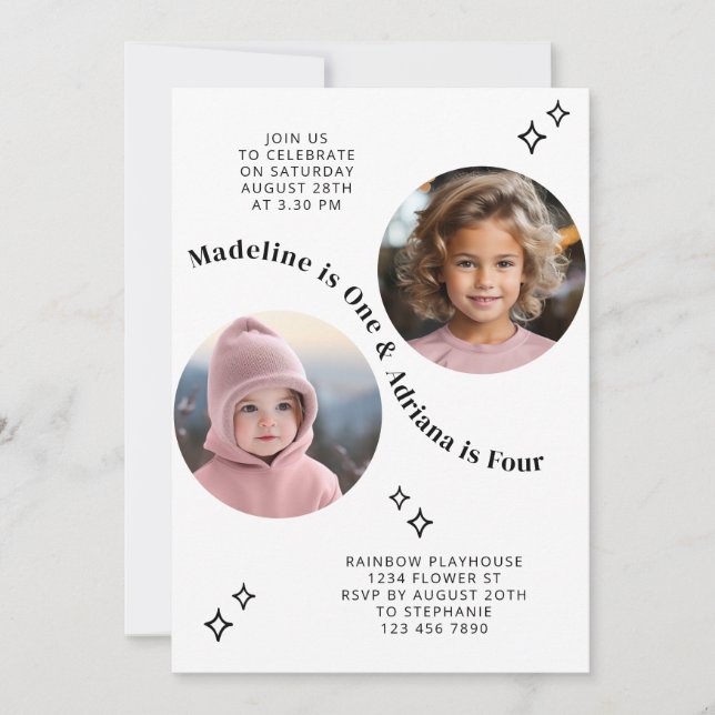 Joint Sibling Portrait Photo Minimal Boho Birthday Invitation (Front)