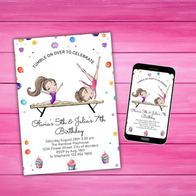 Joint Sisters Dual Sibling Gymnastics Birthday Invitation (Creator Uploaded)